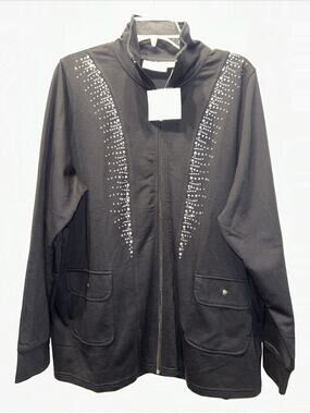 NWT Quacker Factory Women’s XL Rhinestone Zip Front Jacket Black Pockets